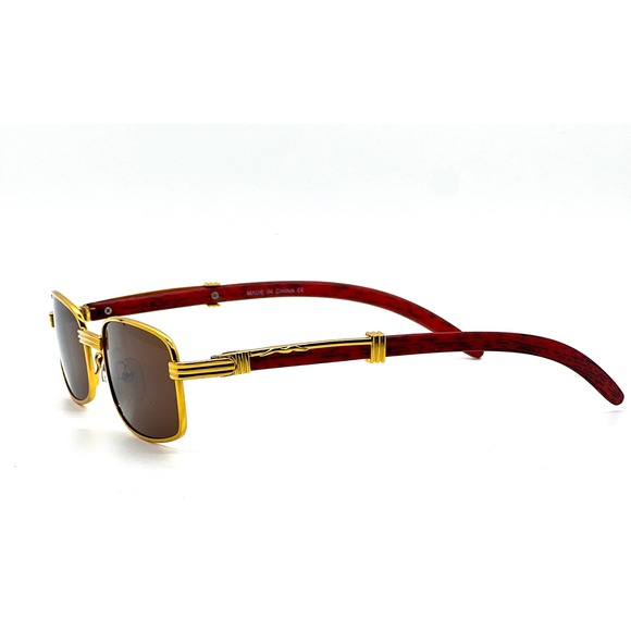 Rimless Gold Frame Vintage Designer Buffs Wood Sun Glasses Hip Hop Rectangle - Picture 6 of 6